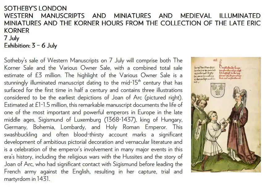 La publicité de la maison Sotheby pour la vente des manuscrits de l'empereur Sigismond